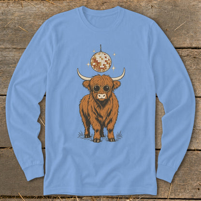 Long-sleeve blue shirt with a fuzzy brown bull wearing sunglasses and a disco ball.