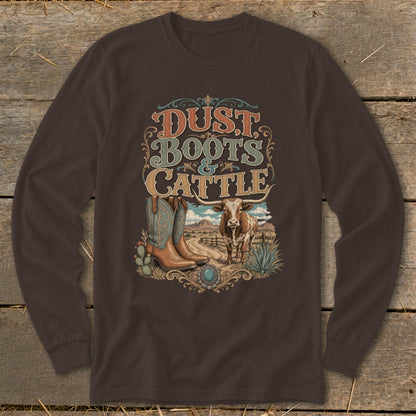 Long sleeve shirt with "Dust Boots & Cattle" graphic featuring boots, bull, and desert landscape.