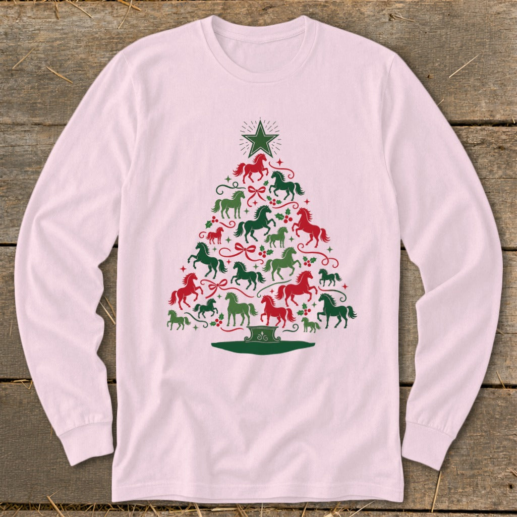 Pink long-sleeve shirt with a Christmas tree made of red and green horses.