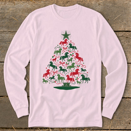 Pink long-sleeve shirt with a Christmas tree made of red and green horses.