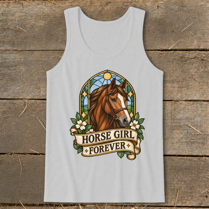 Brown horse head with "HORSE GIRL FOREVER" banner, framed by stained glass.