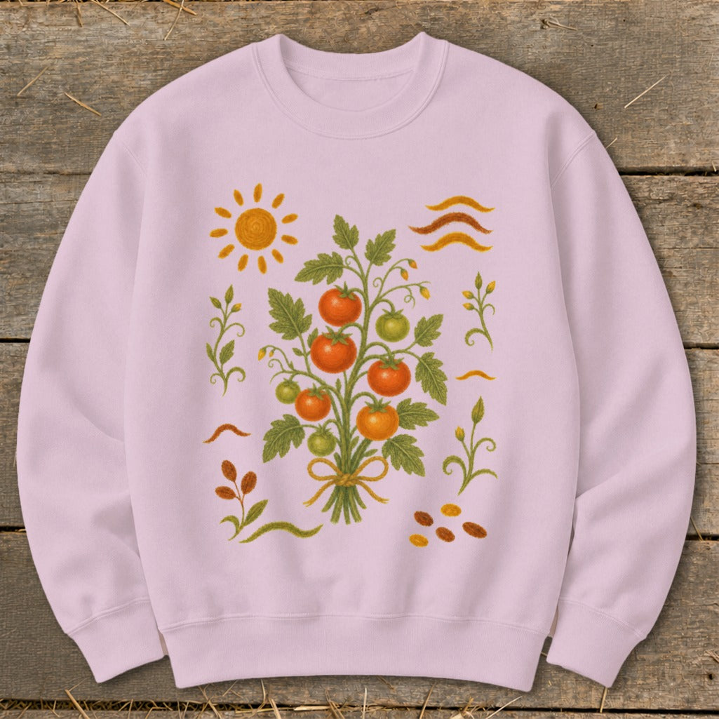 Pink sweatshirt with a whimsical tomato plant, sun, and wavy lines design.