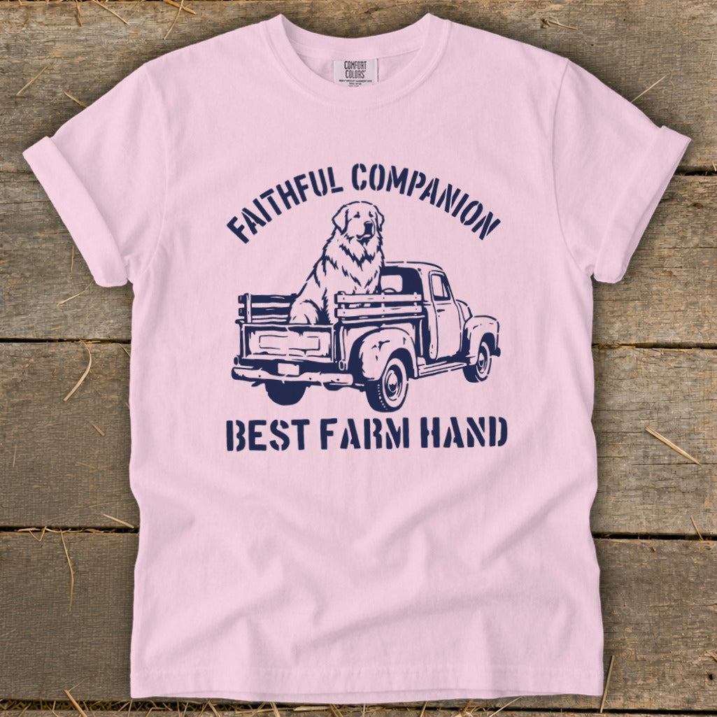 Pink t-shirt with navy graphic of a dog in a truck, "Faithful Companion" and "Best Farm Hand".