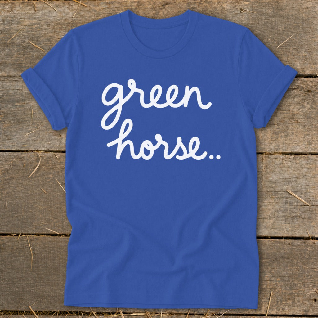 Royal blue t-shirt with white cursive text "green horse..."