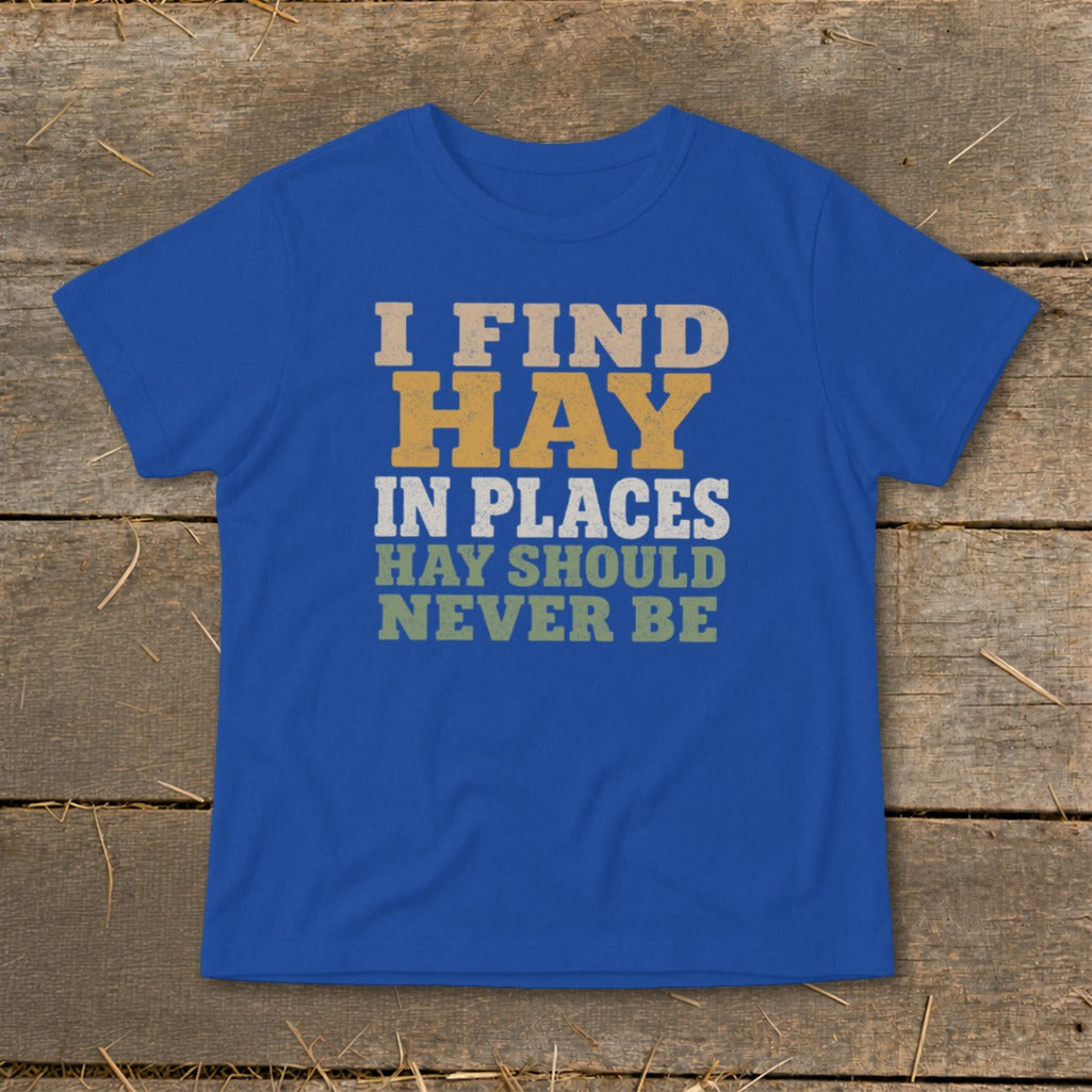 Blue t-shirt with text "I FIND HAY IN PLACES HAY SHOULD NEVER BE".