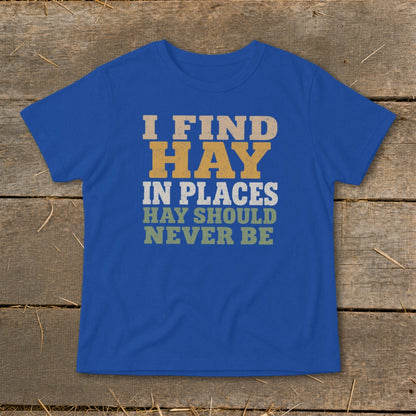 Blue t-shirt with text "I FIND HAY IN PLACES HAY SHOULD NEVER BE".
