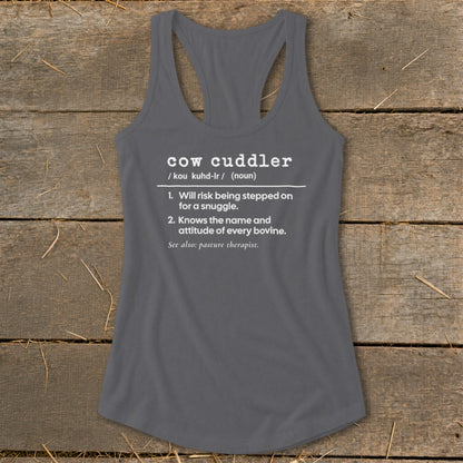Gray tank top with "cow cuddler" definition printed in white text.