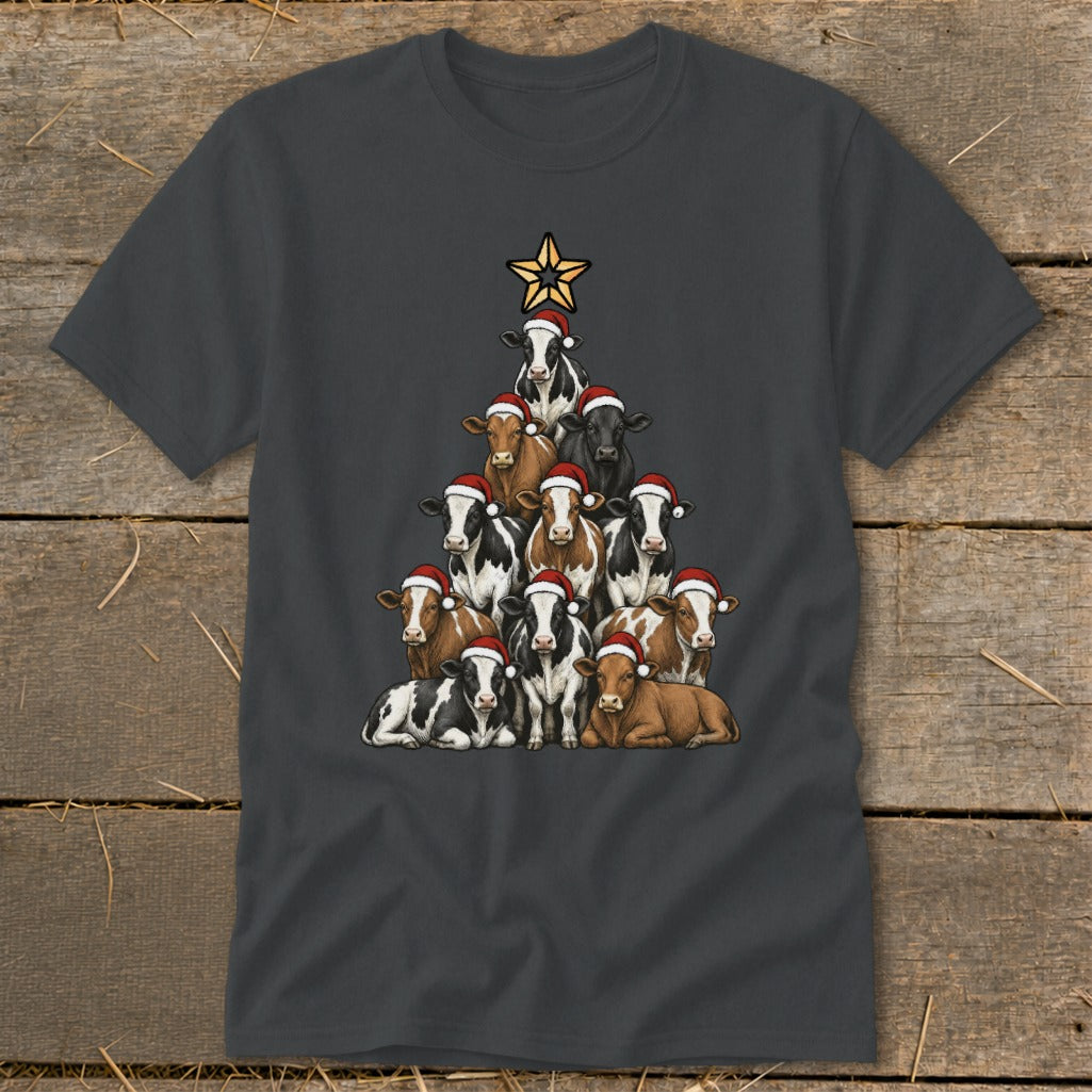 Cows wearing Santa hats form a Christmas tree with a star on top.
