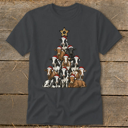Cows wearing Santa hats form a Christmas tree with a star on top.