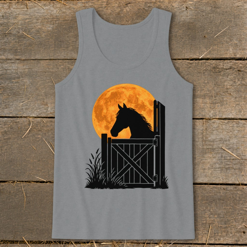 A grey tank top featuring a graphic of a horse looking out a barn door against a large orange moon.