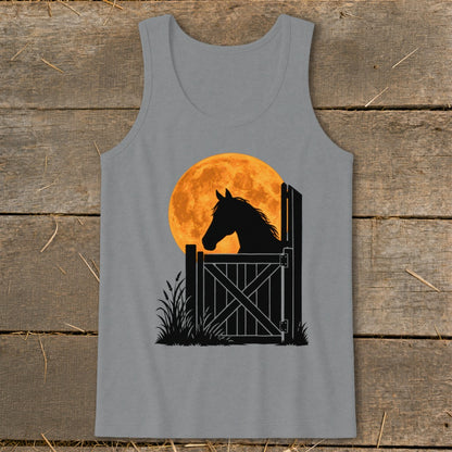 A grey tank top featuring a graphic of a horse looking out a barn door against a large orange moon.