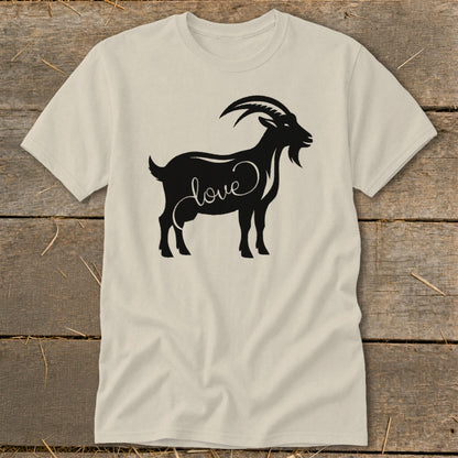 Black goat silhouette with the word "love" on a cream t-shirt.