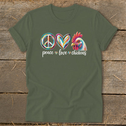 Olive green t-shirt with peace sign, heart, and chicken graphic and text "peace love chickens".