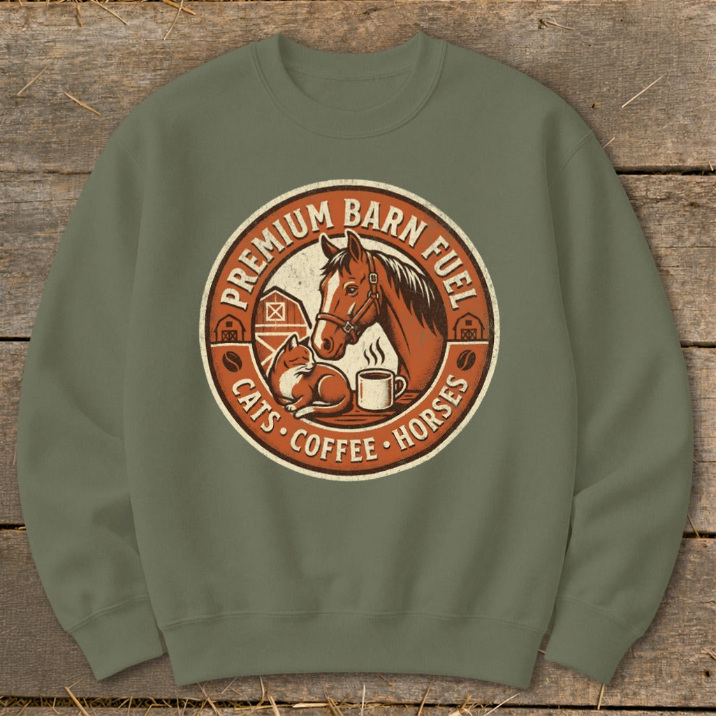 Circular design with horse, cat, coffee, barn, and text "Premium Barn Fuel Cats Coffee Horses".