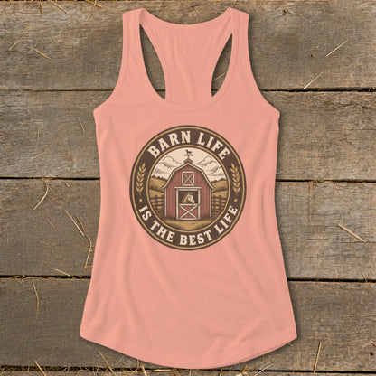 Peach tank top with a circular barn graphic that reads "Barn Life is the Best Life".