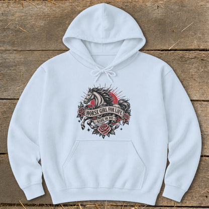 White hoodie with a vintage-style horse and roses design featuring text.