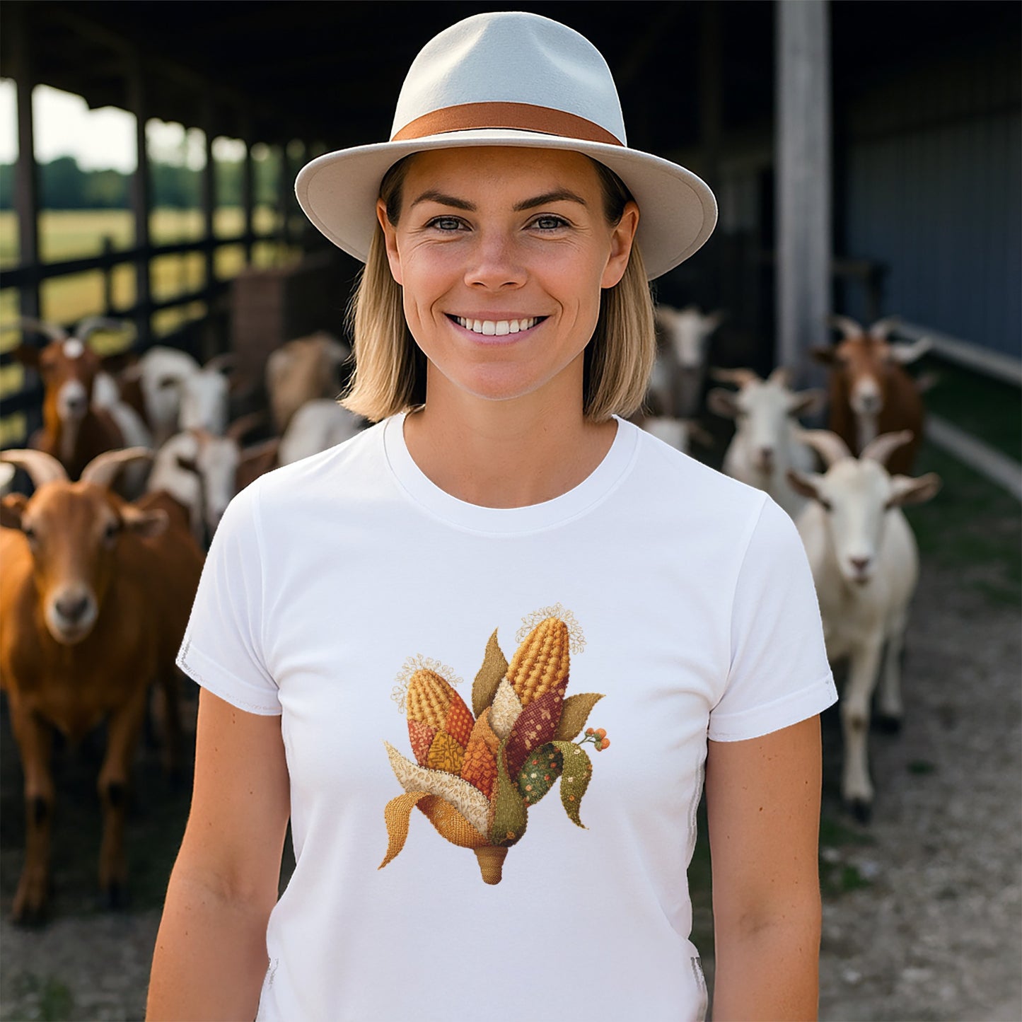 Corn Patterned T-Shirt with Farm Animals product type