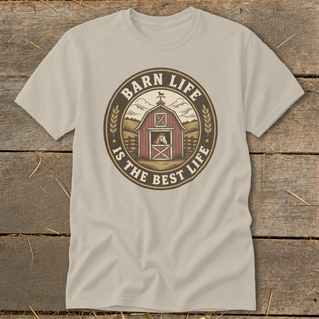 T-shirt with a circular graphic featuring a barn, horse, and text "Barn life is the best life".