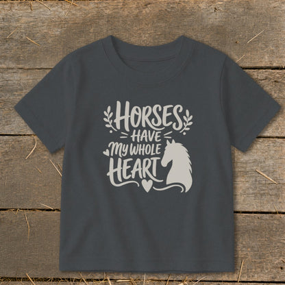 Dark grey t-shirt with "Horses Have My Whole Heart" text and horse silhouette.