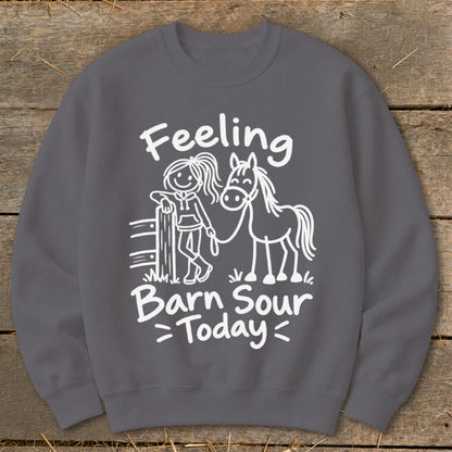 Gray sweatshirt with white text and drawing of girl with horse.