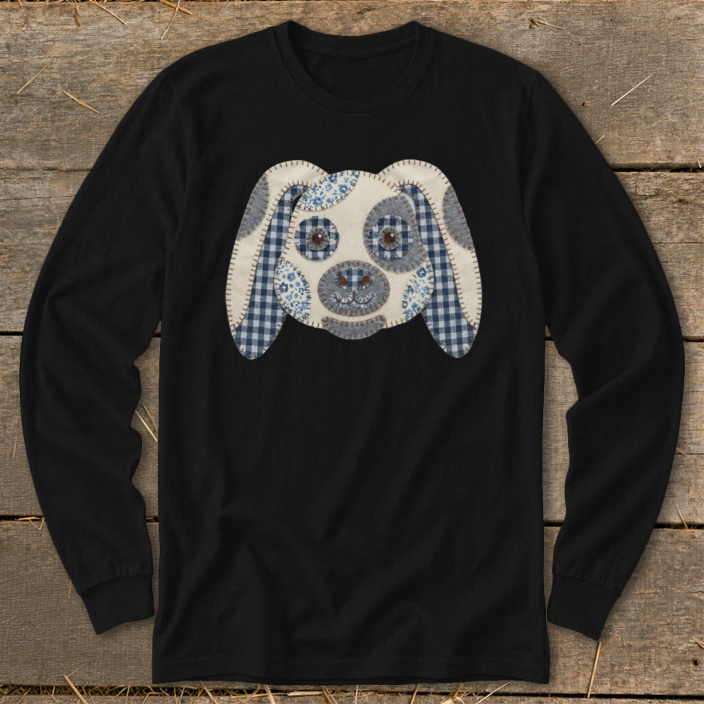 Black long-sleeve shirt with a patchwork dog face graphic.