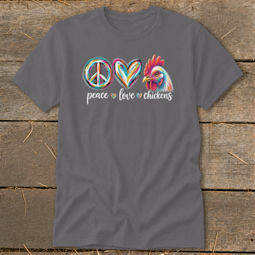Gray t-shirt with peace, love, and chickens graphic.