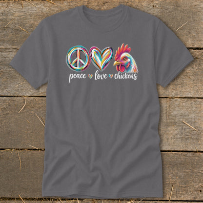 Gray t-shirt with peace, love, and chickens graphic.