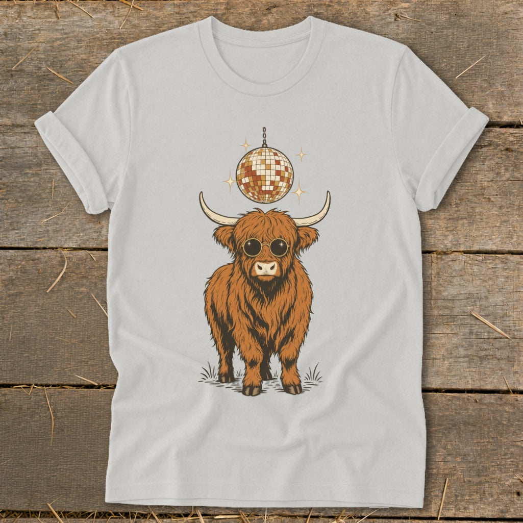Highland cow wearing sunglasses with a disco ball above.