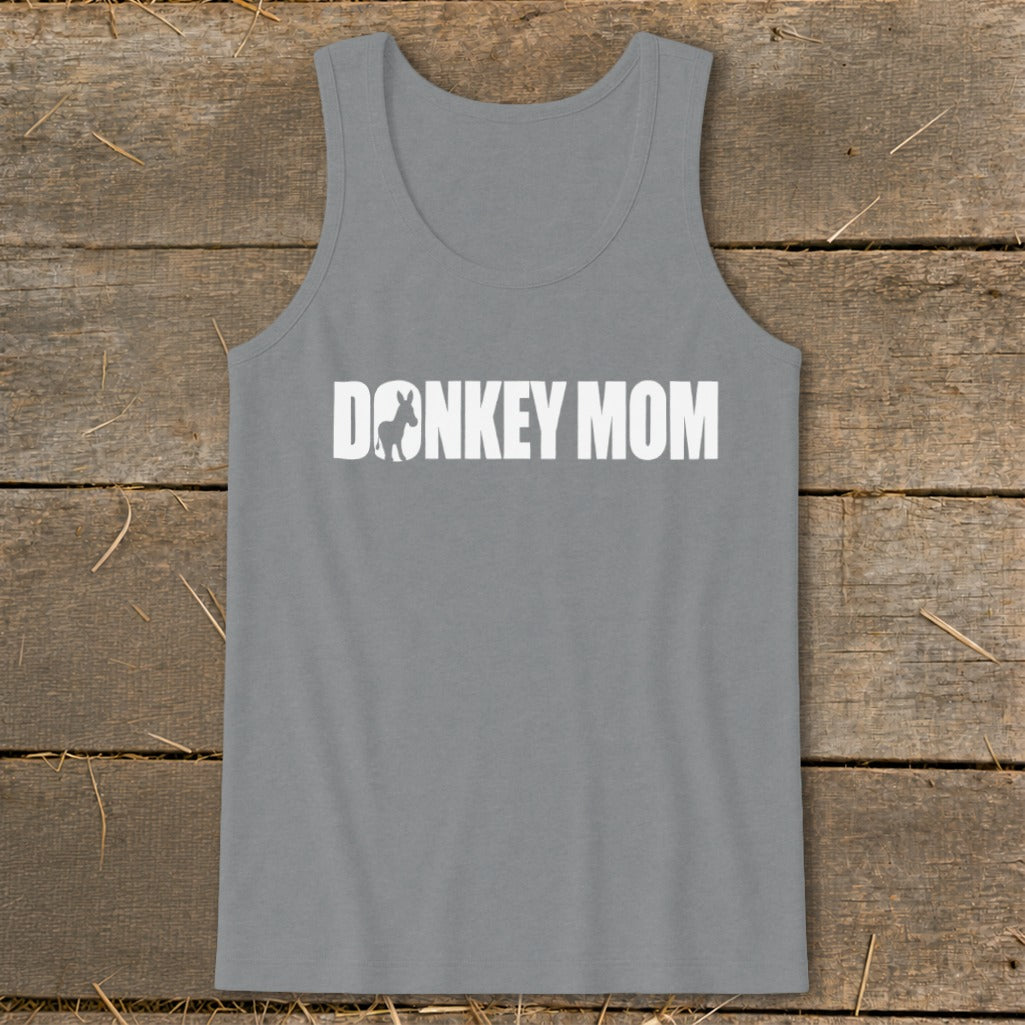 Gray women's tank top featuring the white text DONKEY MOM with a donkey silhouette.