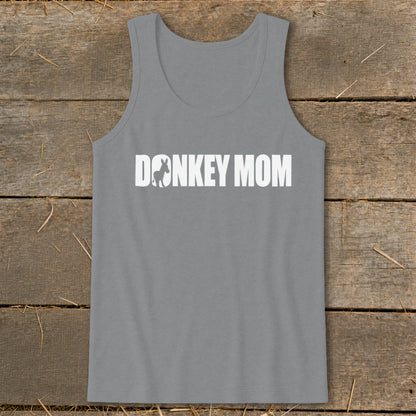 Gray women's tank top featuring the white text DONKEY MOM with a donkey silhouette.