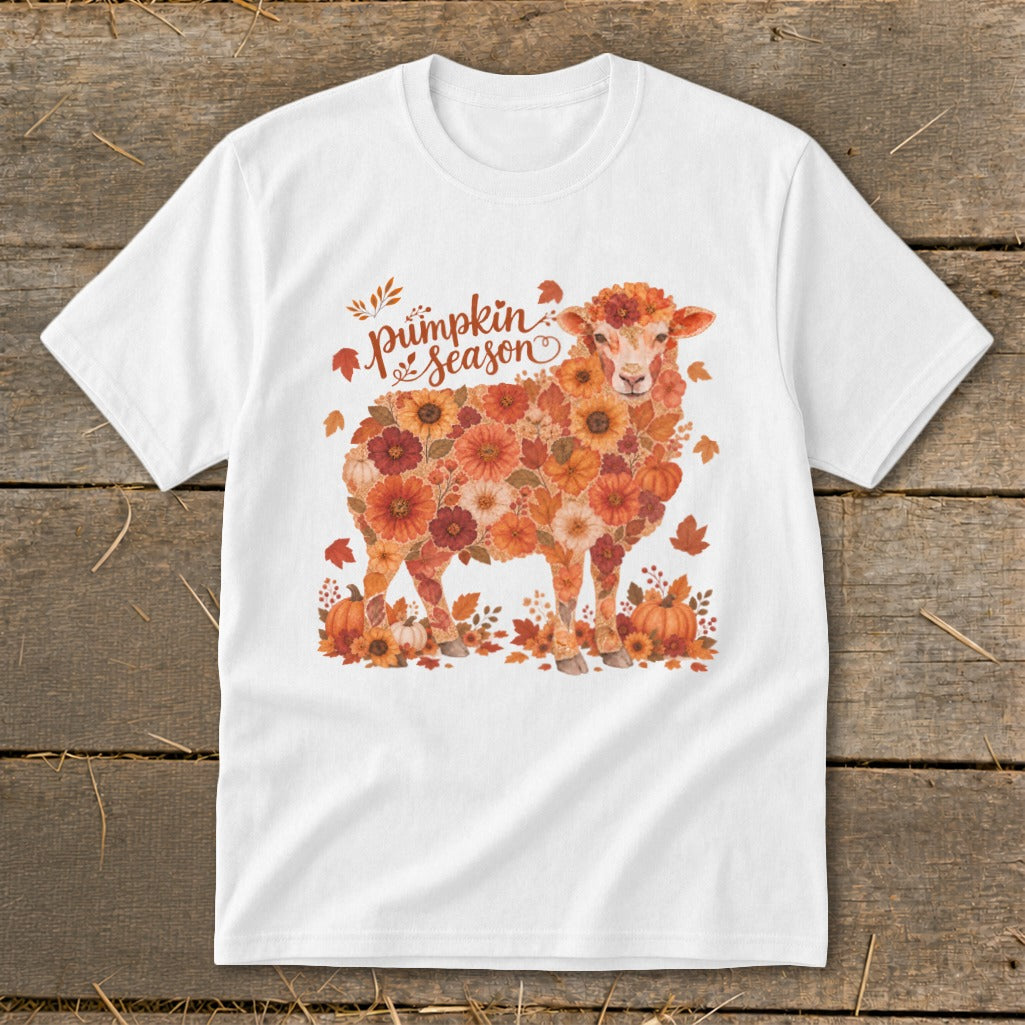 White t-shirt with a sheep design made of autumn flowers and pumpkins.
