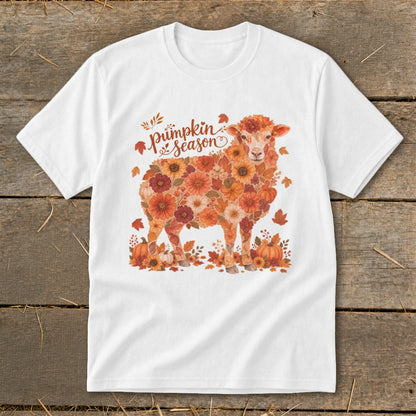 White t-shirt with a sheep design made of autumn flowers and pumpkins.
