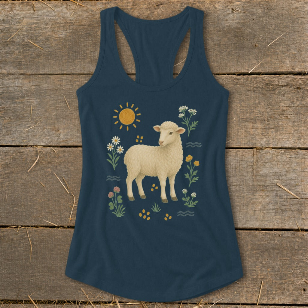 Navy tank top with sheep and floral print.