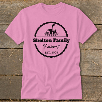 Pink t-shirt with black logo for Shelton Family Farms est. 2005.