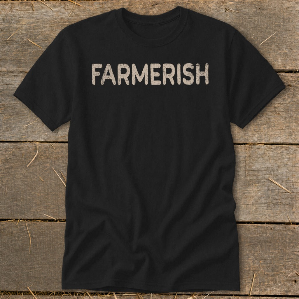 Black t-shirt with "FARIMERISH" text in distressed beige lettering.