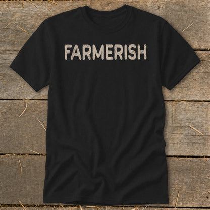 Black t-shirt with "FARIMERISH" text in distressed beige lettering.
