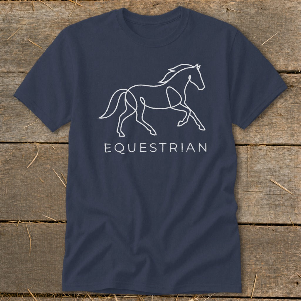 Navy t-shirt with white line art of a galloping horse and "EQUESTRIAN" text.