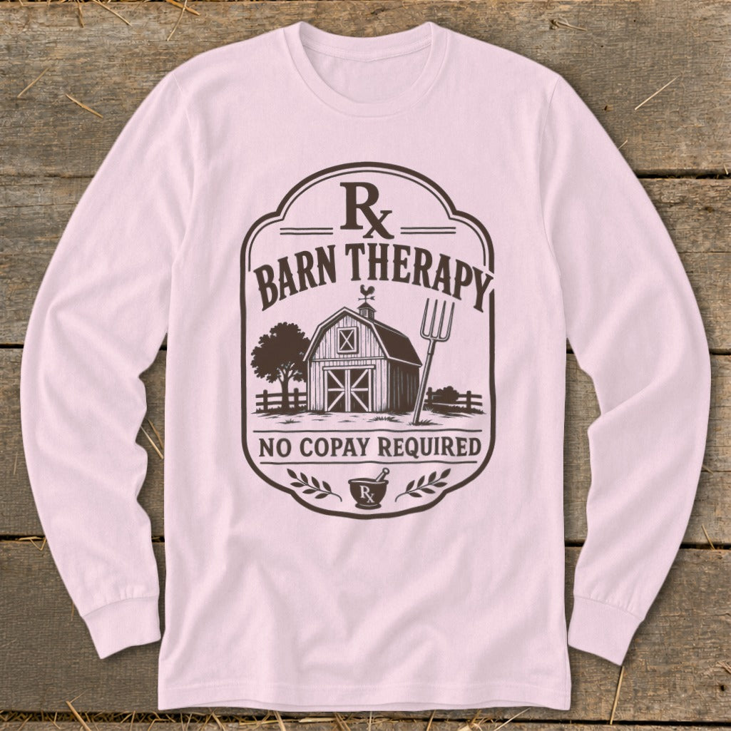 Barn Therapy Rx design with barn, pitchfork, tree, fence, and mortar and pestle.