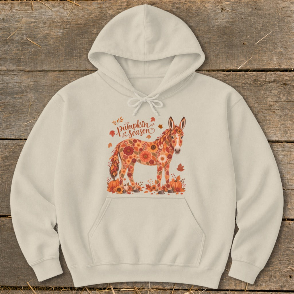 Cream hoodie with a floral donkey and "Pumpkin Season" text design.