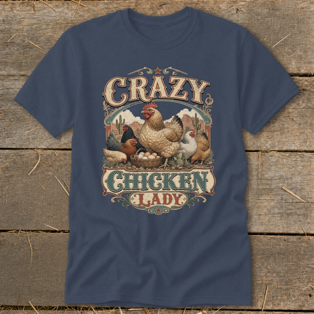 T-shirt graphic with chickens, eggs, and text "Crazy Chicken Lady".