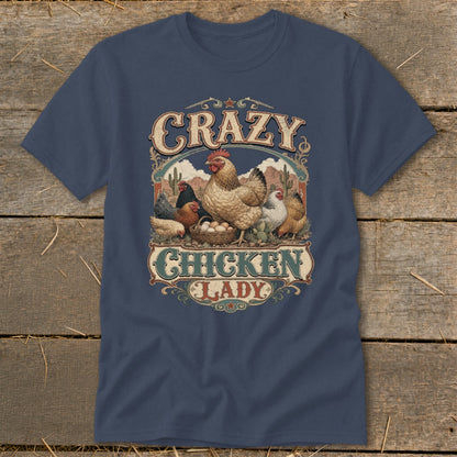 T-shirt graphic with chickens, eggs, and text "Crazy Chicken Lady".