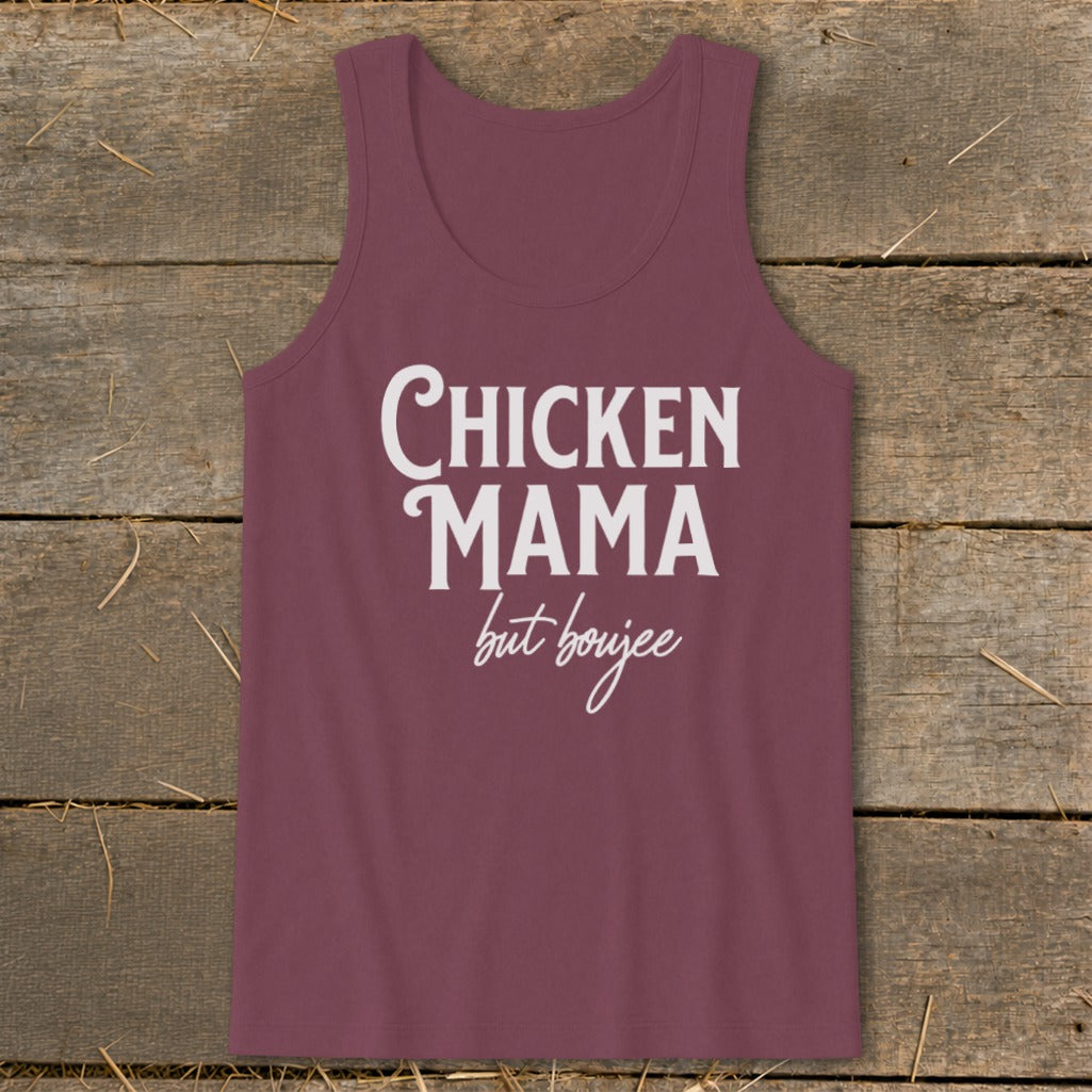 Burgundy tank top with white text reading "CHICKEN MAMA but boujee".