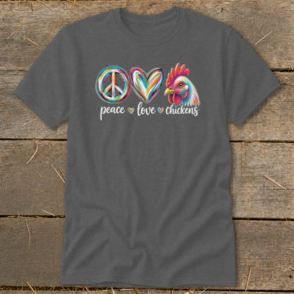 Peace love chickens graphic on dark grey t-shirt.