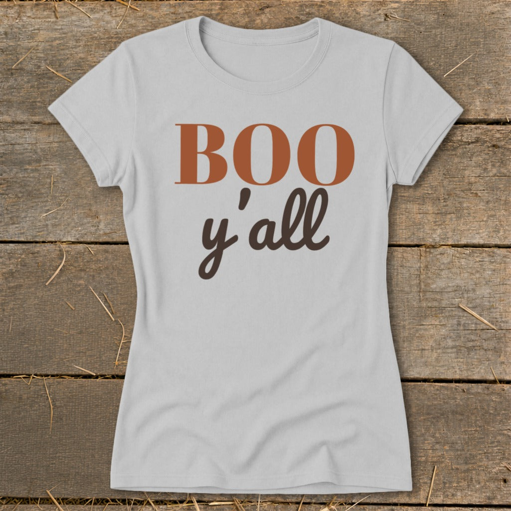 Light gray t-shirt with "BOO y'all" text in orange and brown.