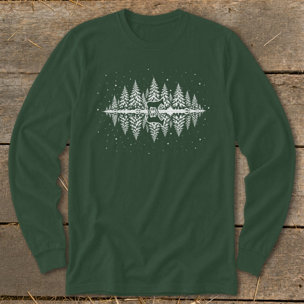 Dark green long-sleeve shirt with white forest and guitar reflection graphic.