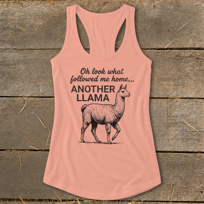 Peach tank top with "Oh look what followed me home... ANOTHER LLAMA" text and llama graphic.