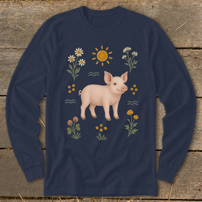 Pig with flowers and sun graphic on a navy blue long-sleeve shirt.
