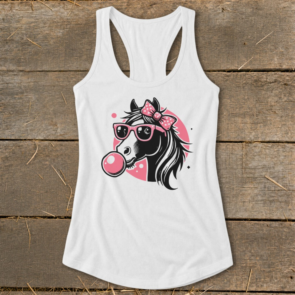 White tank top featuring a black horse wearing pink sunglasses and a pink bow, blowing pink bubble gum.