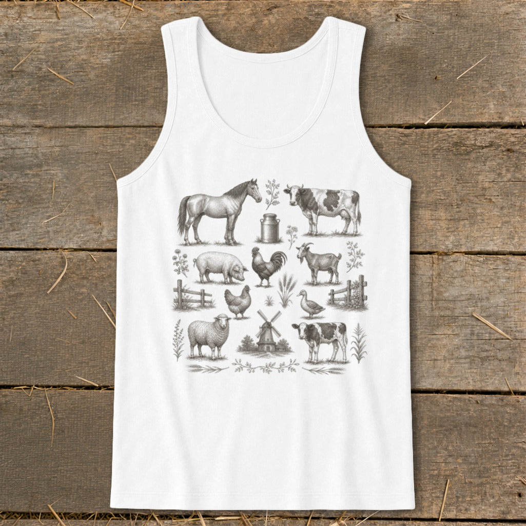 White tank top with a vintage farm animal illustration collage.