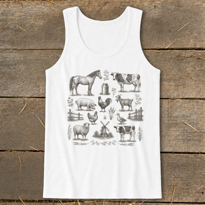White tank top with a vintage farm animal illustration collage.